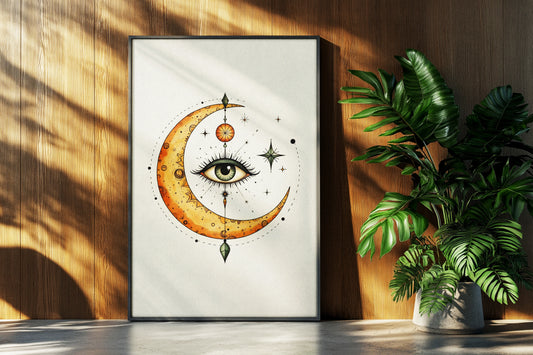 Mystic Moon Eye Digital Art Print | Celestial Boho Wall Decor | Surreal Astrology Printable Poster