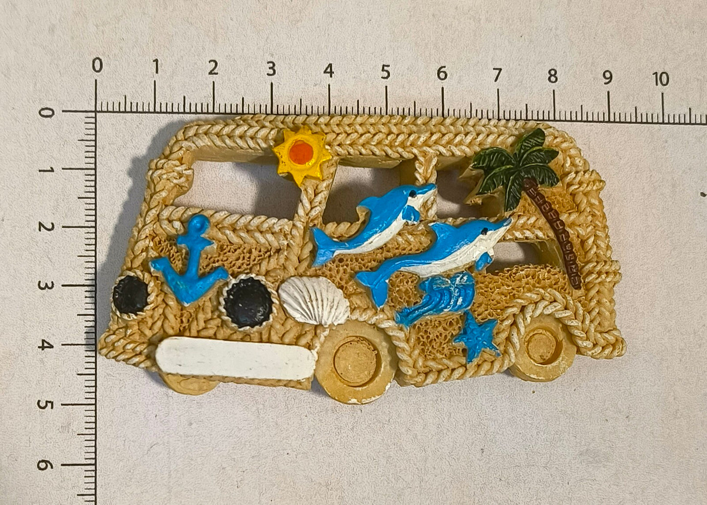 Beach Van Fridge Magnet – Handmade Coastal Décor with Palm Tree, Dolphins, Seashells & Nautical Beach Vibes