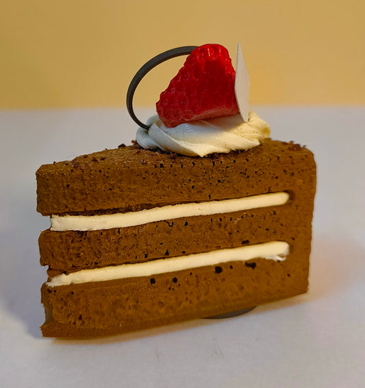 Chocolate Cake Slice Fridge Magnet – Handmade Dessert Décor with Cream Layers & Strawberry Topper