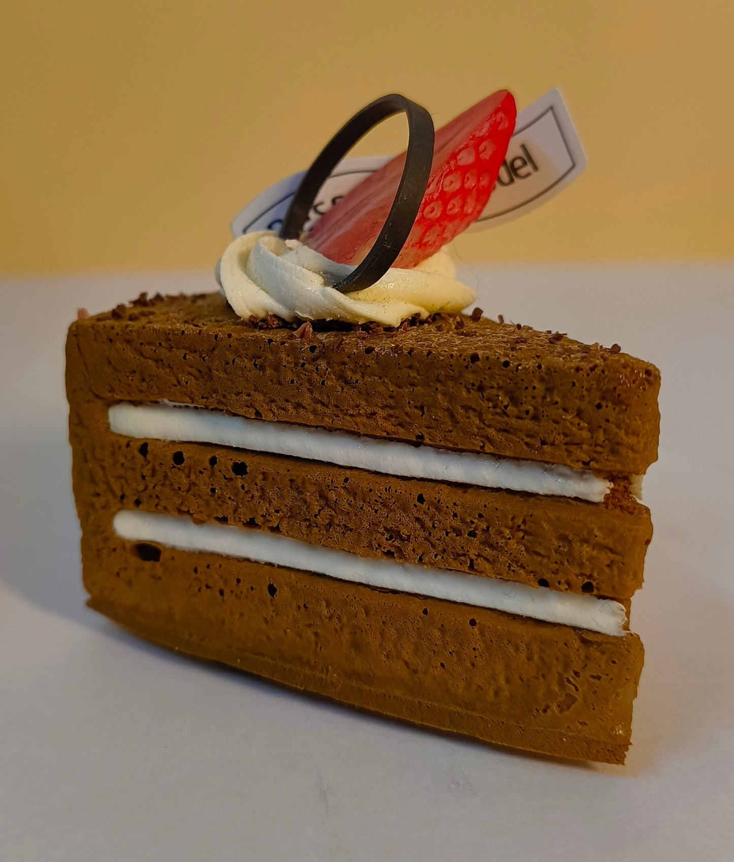Chocolate Cake Slice Fridge Magnet – Handmade Dessert Décor with Cream Layers & Strawberry Topper