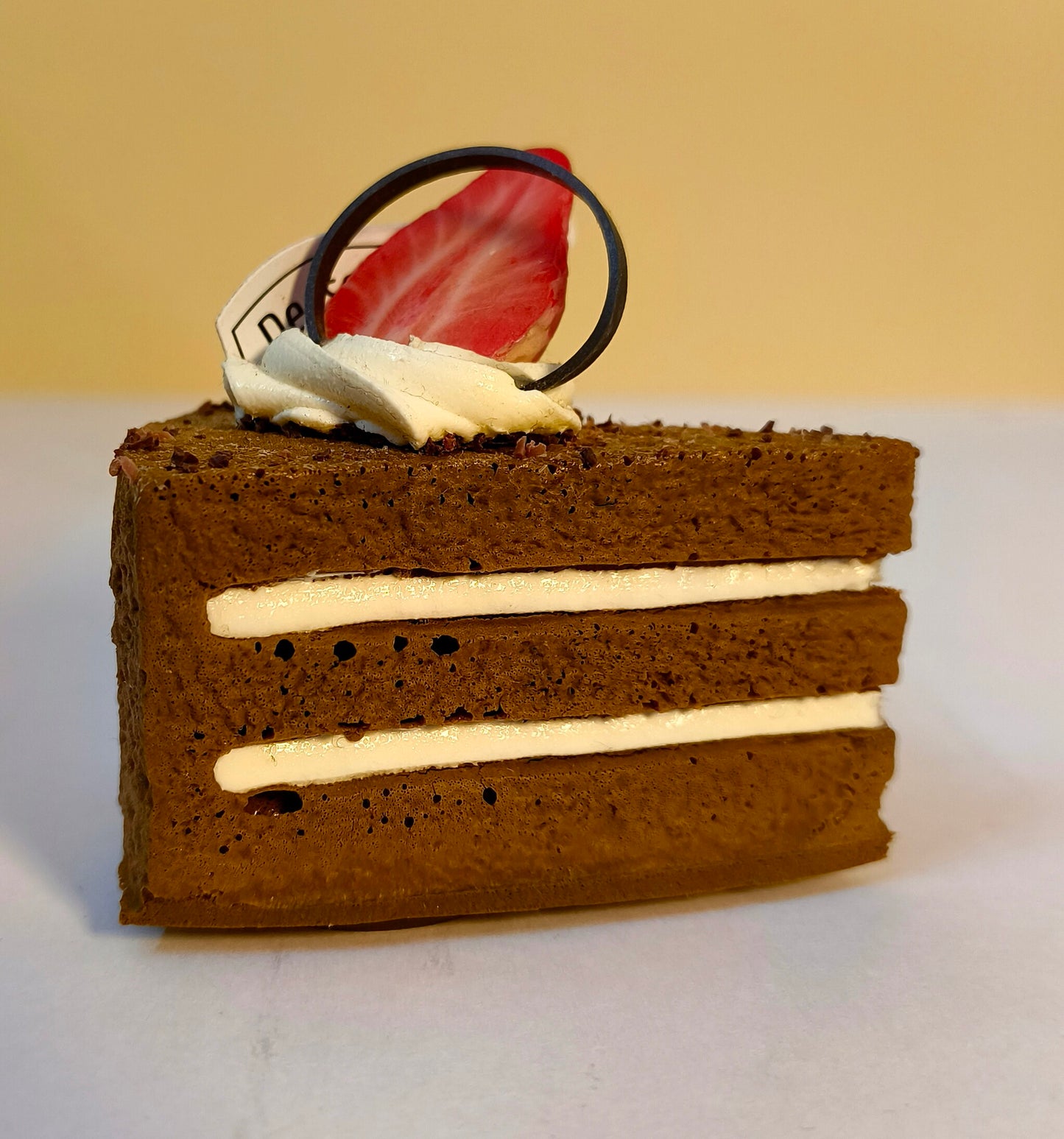 Chocolate Cake Slice Fridge Magnet – Handmade Dessert Décor with Cream Layers & Strawberry Topper