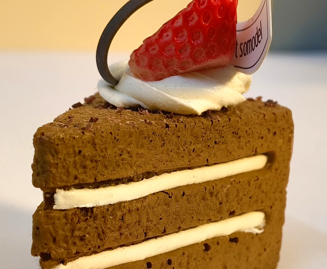 Chocolate Cake Slice Fridge Magnet – Handmade Dessert Décor with Cream Layers & Strawberry Topper