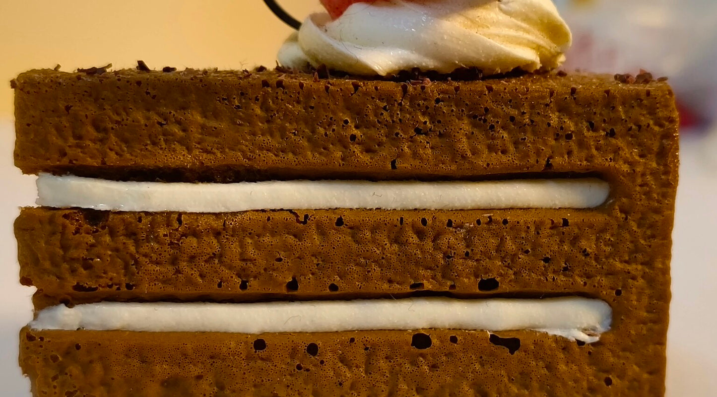 Chocolate Cake Slice Fridge Magnet – Handmade Dessert Décor with Cream Layers & Strawberry Topper