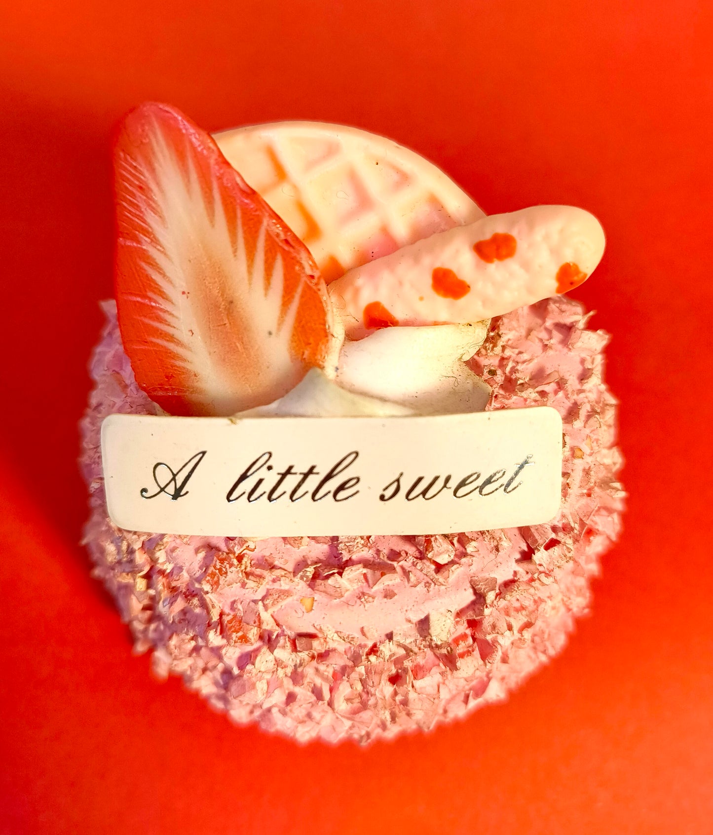 Pink Strawberry Cupcake Fridge Magnet – Handmade Textured Cupcake Décor with “A little sweet” Plaque